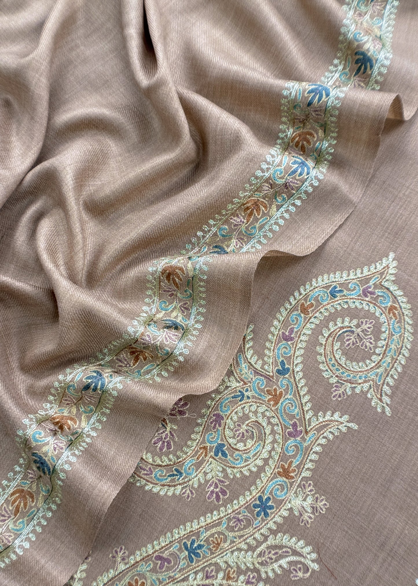 Beige Pure Merino Wool With Beautiful Aari Embroidery