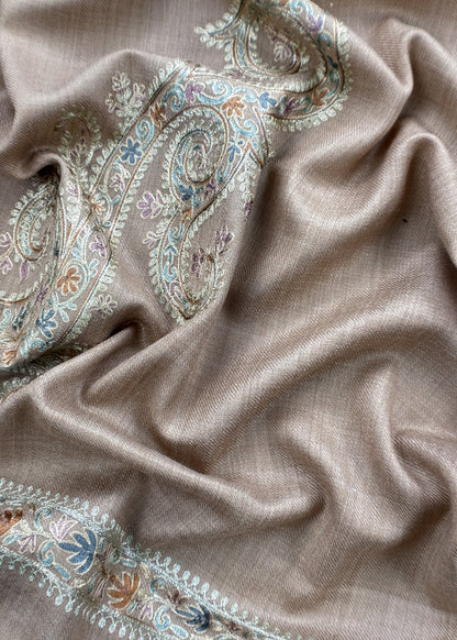 Beige Pure Merino Wool With Beautiful Aari Embroidery