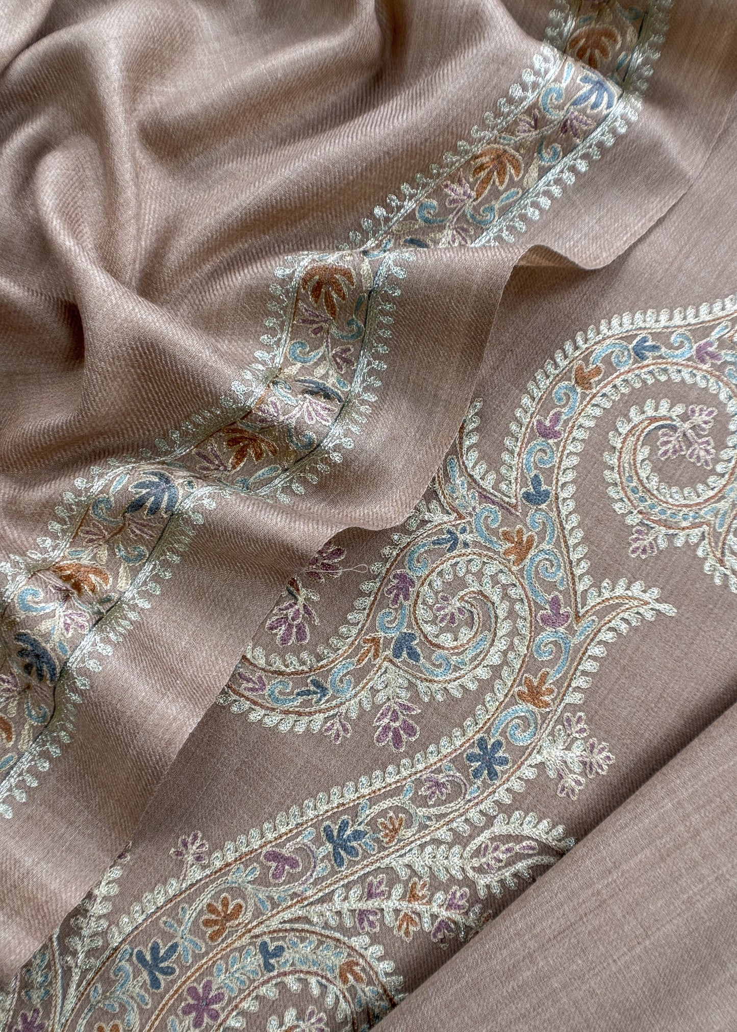 Beige Pure Merino Wool With Beautiful Aari Embroidery