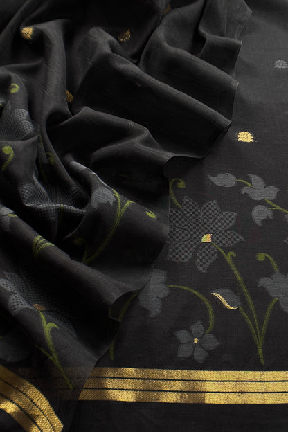 Black Chanderi Linen Suit With Jamdani Weaving