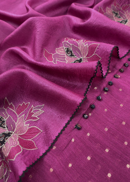 Purple Handloom Desi Tussar Suit Fabric With Applique Work And Embroidery