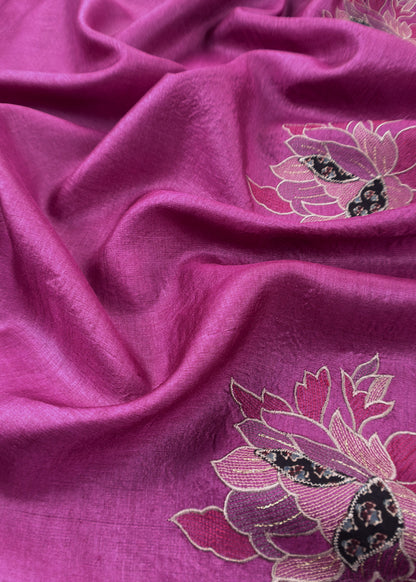 Purple Handloom Desi Tussar Suit Fabric With Applique Work And Embroidery