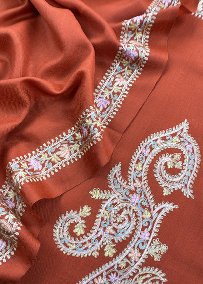 Rust Pure Merino Wool With Beautiful Aari Embroidery