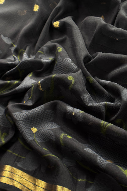 Black Chanderi Linen Suit With Jamdani Weaving