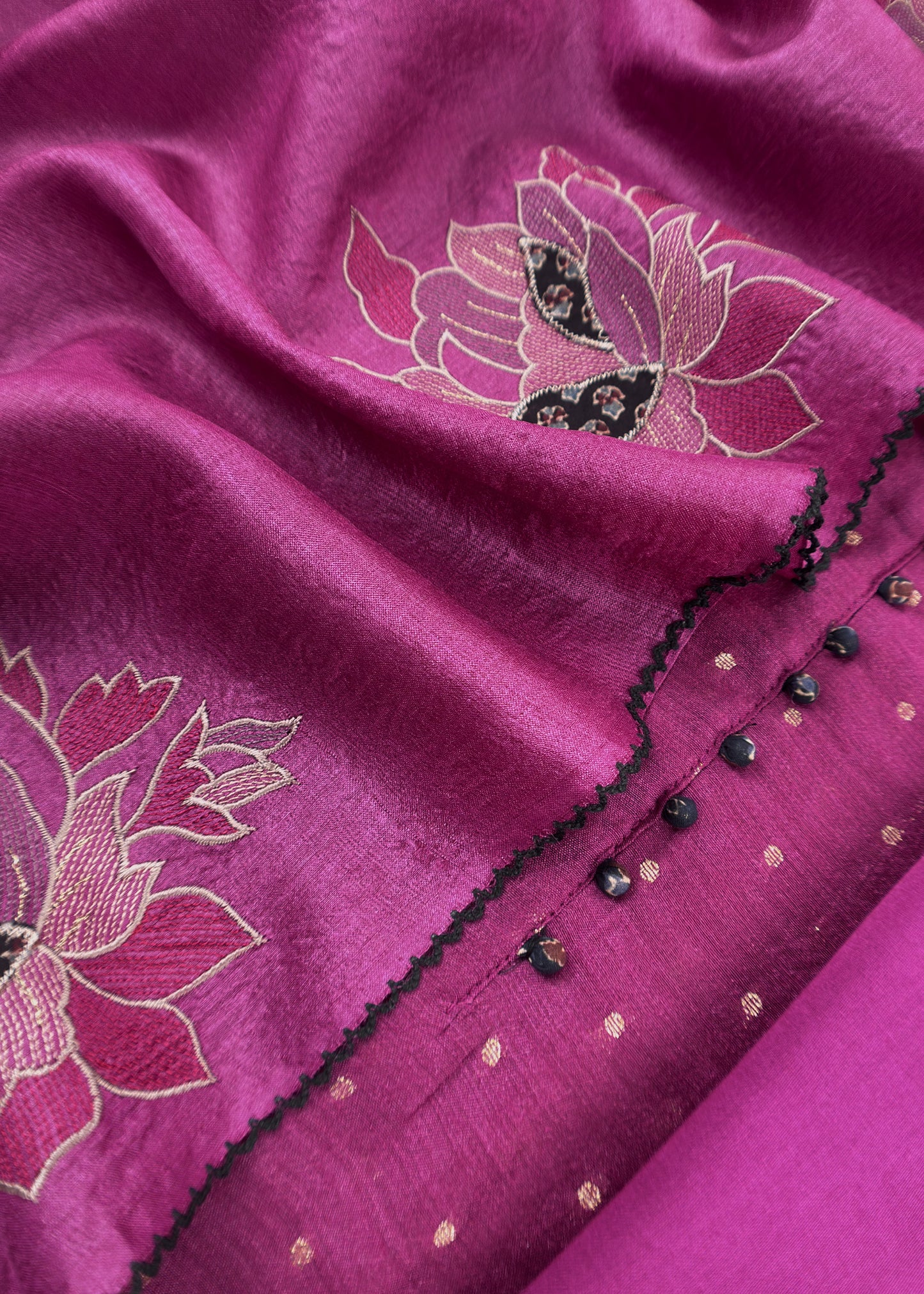 Purple Handloom Desi Tussar Suit Fabric With Applique Work And Embroidery