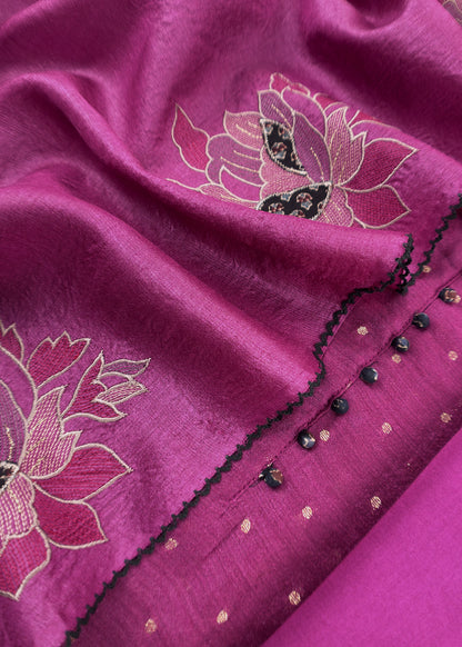 Purple Handloom Desi Tussar Suit Fabric With Applique Work And Embroidery