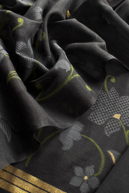 Black Chanderi Linen Suit With Jamdani Weaving