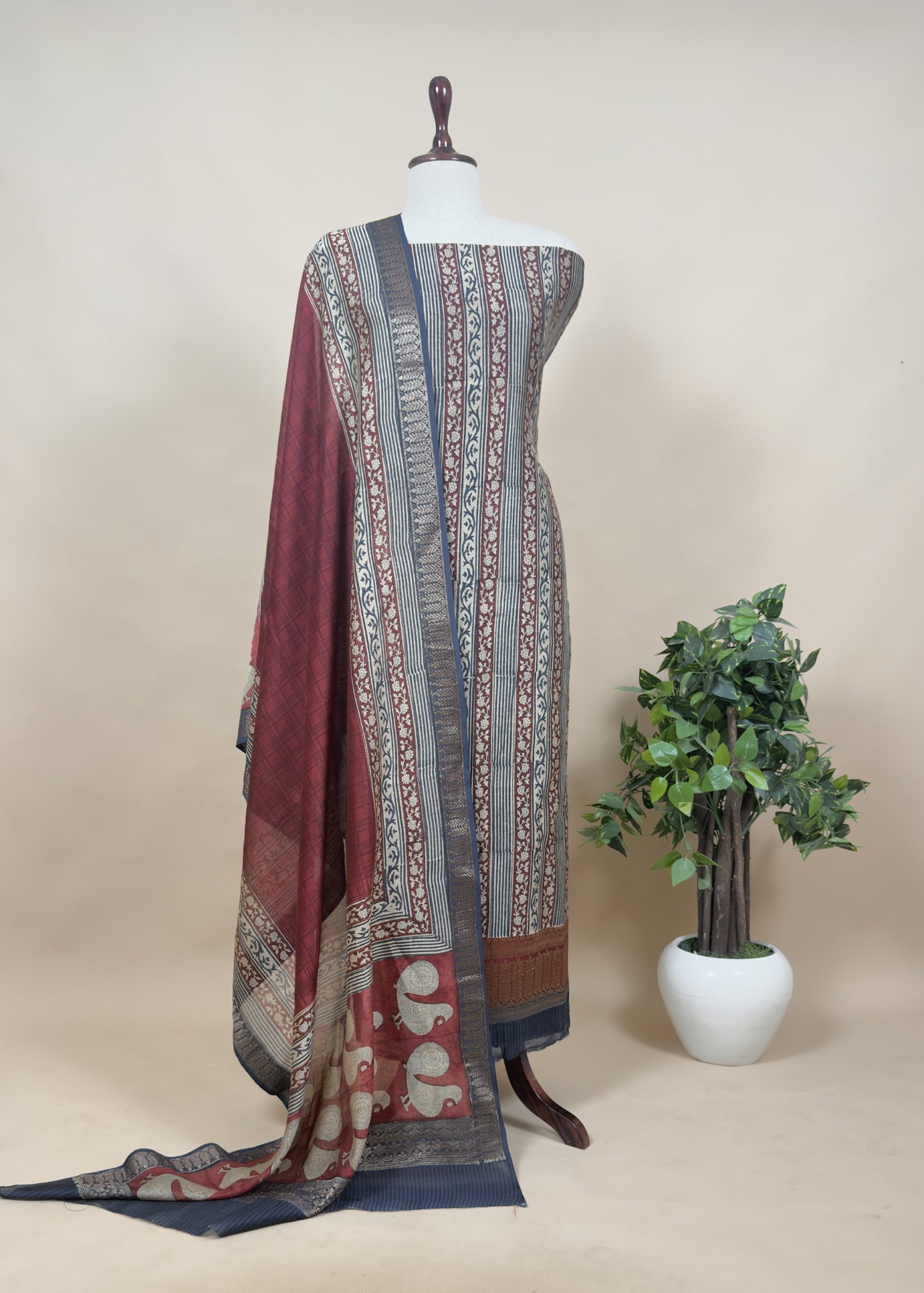 Beige With Pink And Green Maheshwari Silk Suit with Zari Weaving