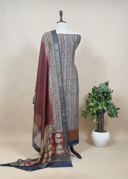 Beige With Black And Brown Maheshwari Silk Suit With Zari Weaving