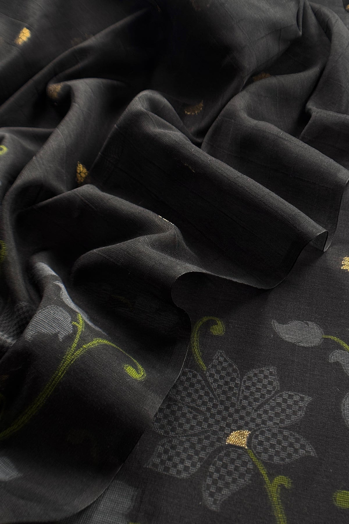 Black Chanderi Linen Suit With Jamdani Weaving