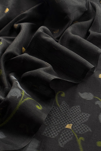 Black Chanderi Linen Suit With Jamdani Weaving