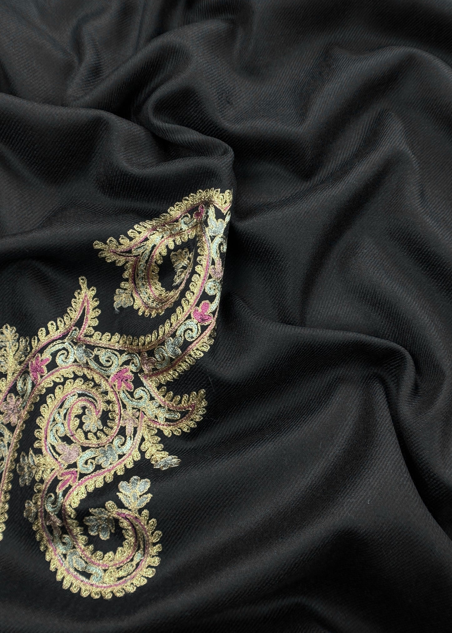 Black Pure Merino Wool With Beautiful Aari Embroidery