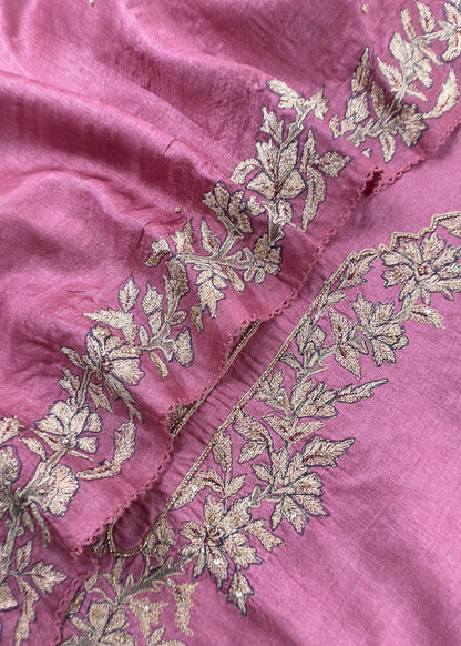 Pink Tussar Unstitched Suit With Aari Embroidery