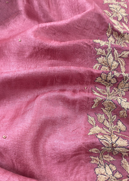 Pink Tussar Unstitched Suit With Aari Embroidery