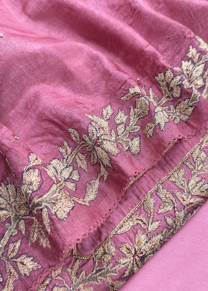 Pink Tussar Unstitched Suit With Aari Embroidery