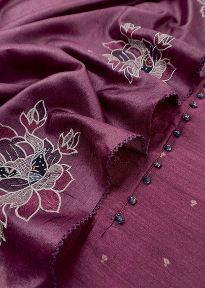 Sahiba Coffee Maroon Handloom Desi Tussar Suit Fabric With Applique Work And Embroidery