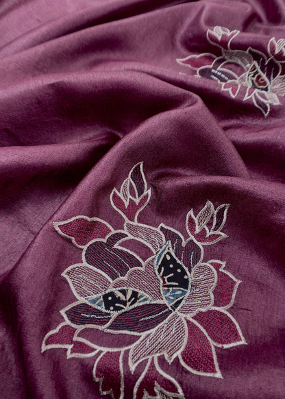 Sahiba Coffee Maroon Handloom Desi Tussar Suit Fabric With Applique Work And Embroidery