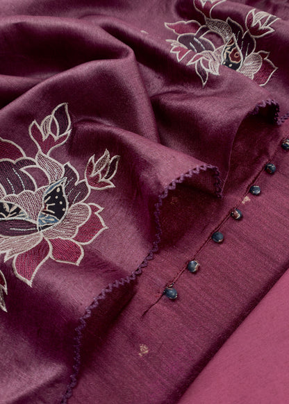 Sahiba Coffee Maroon Handloom Desi Tussar Suit Fabric With Applique Work And Embroidery