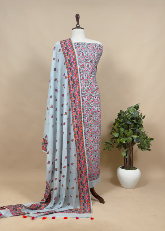 Blue Madhubani Cotton Unstitched Suit With Meenakari Cutwork Weaving