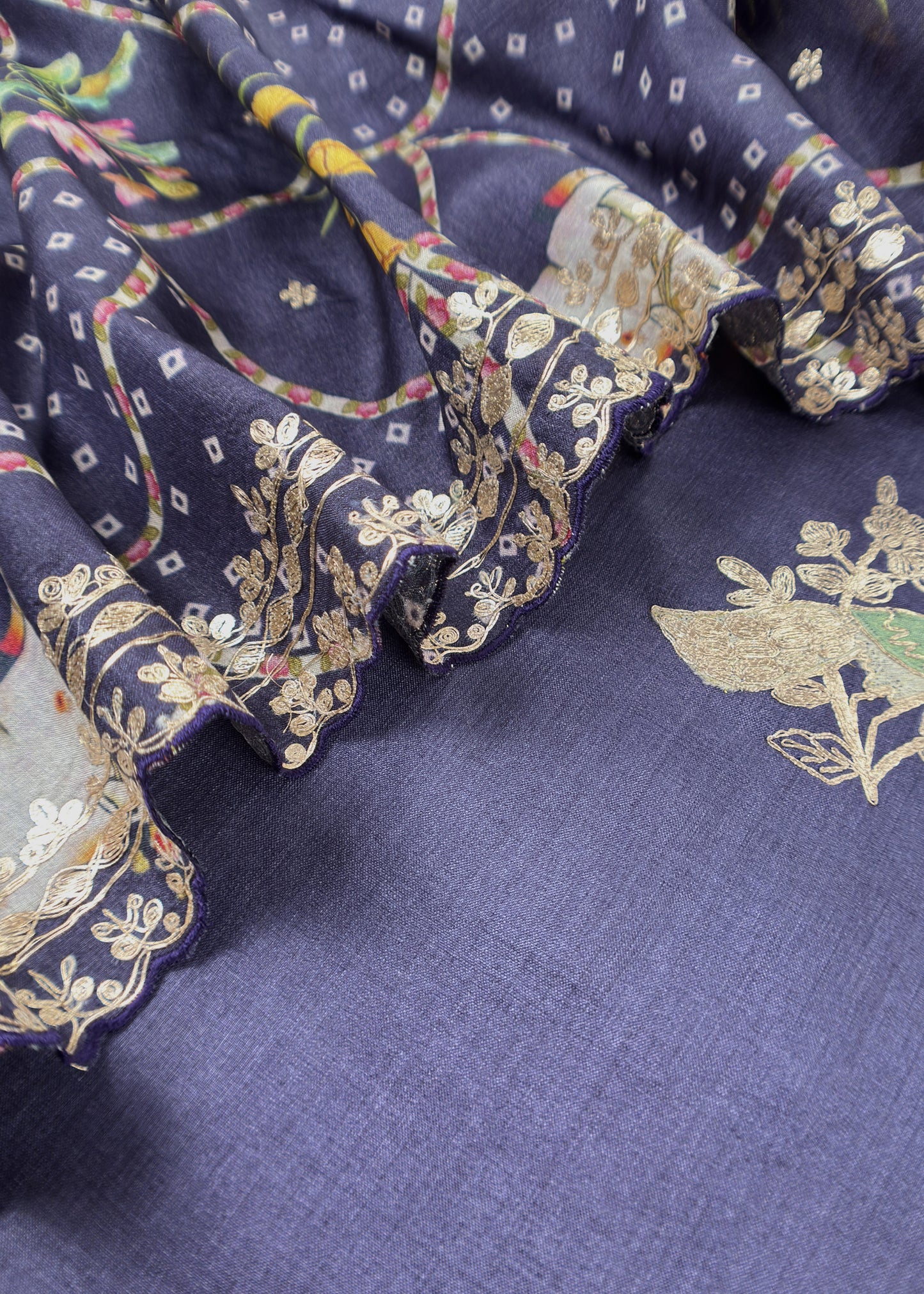 Denim Blue Munga Tussar Kurta And Pichwai Dupatta With Pitta Work