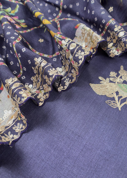 Denim Blue Munga Tussar Kurta And Pichwai Dupatta With Pitta Work