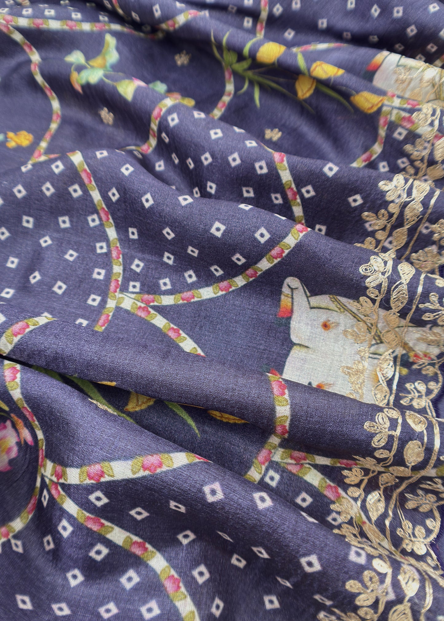 Denim Blue Munga Tussar Kurta And Pichwai Dupatta With Pitta Work