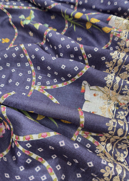 Denim Blue Munga Tussar Kurta And Pichwai Dupatta With Pitta Work