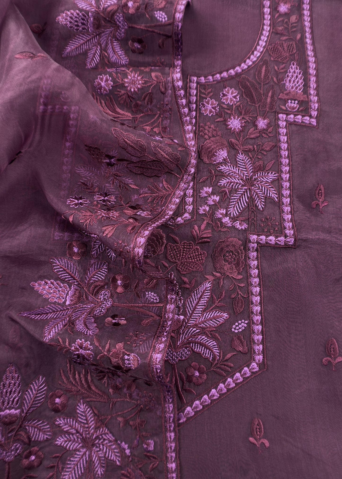 Purple Handloom Organza Silk Suit In Parsi Embroidered