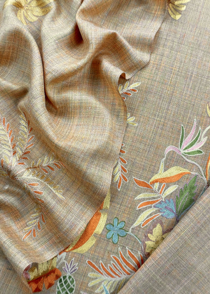 Dark Beige Unstitched Woolen Suit With Aari Embroidery Work