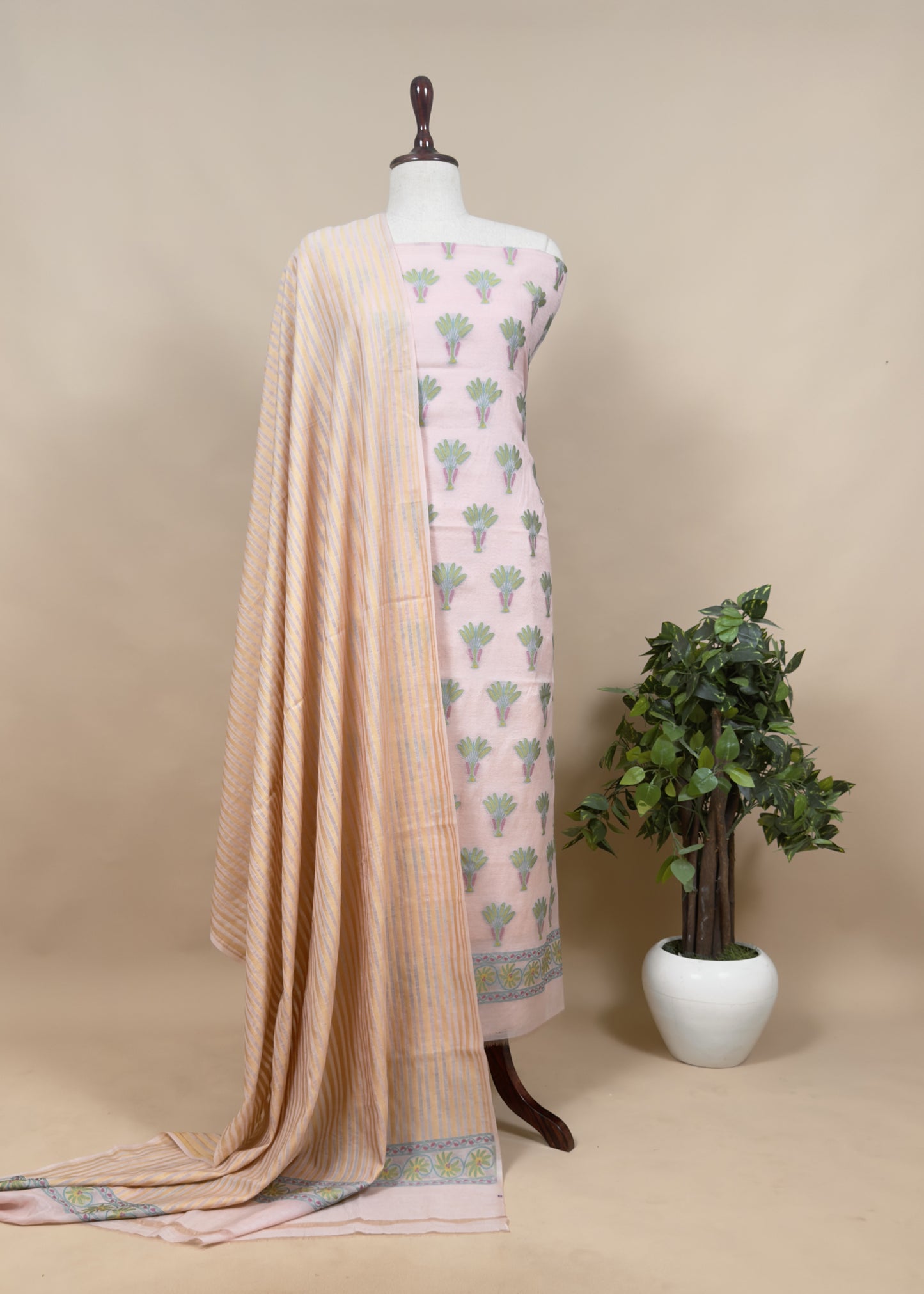 Beige Handloom Banarasi Suit With Paithani Weaving