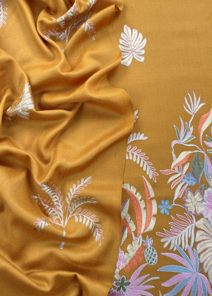 Yellow Unstitched Woolen Suit With Aari Embroidery Work