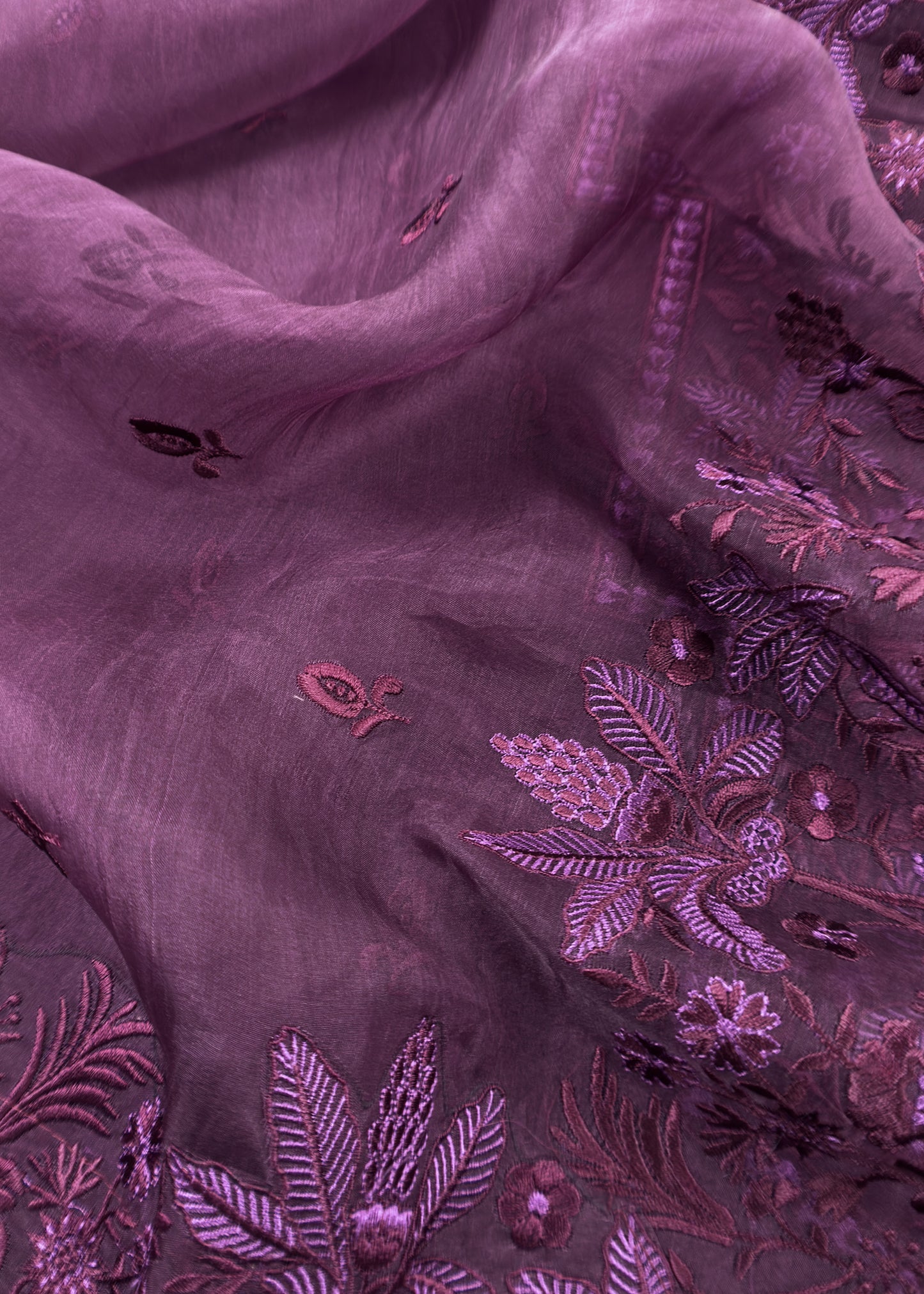 Purple Handloom Organza Silk Suit In Parsi Embroidered