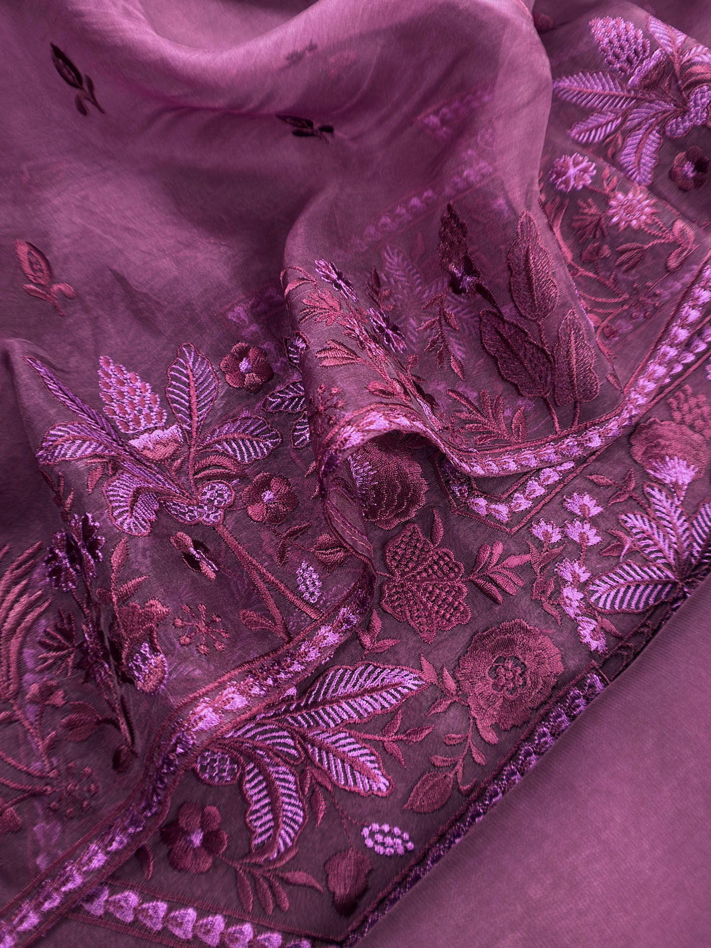 Purple Handloom Organza Silk Suit In Parsi Embroidered
