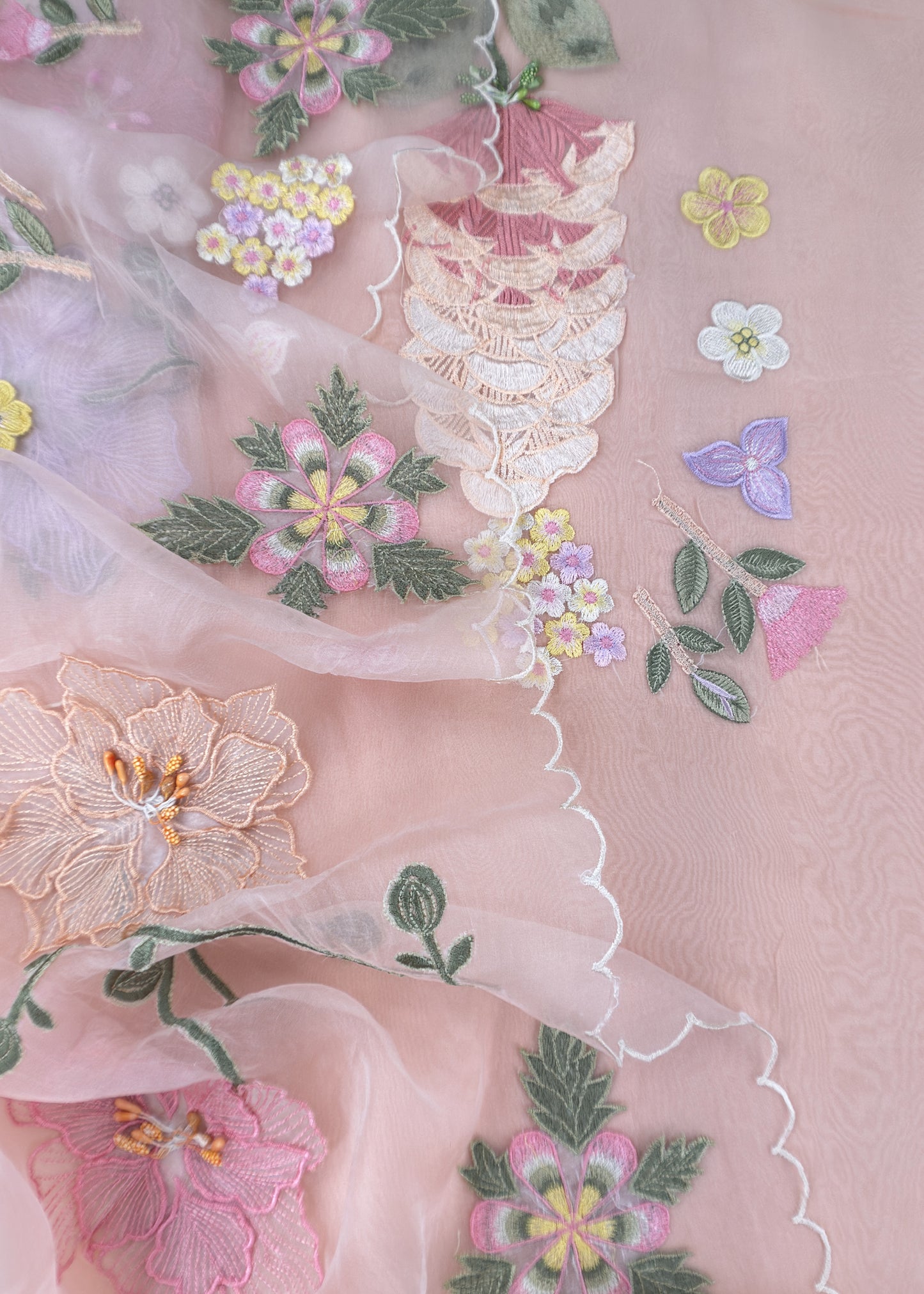 Baby Pink Pastel Gardens Handloom Organza Embroidered Suit Set with 3d Applique Work