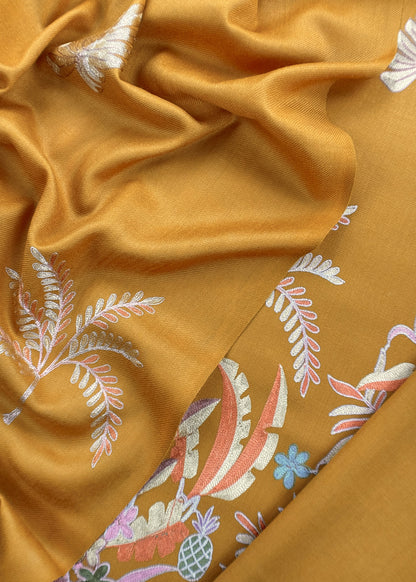 Yellow Unstitched Woolen Suit With Aari Embroidery Work