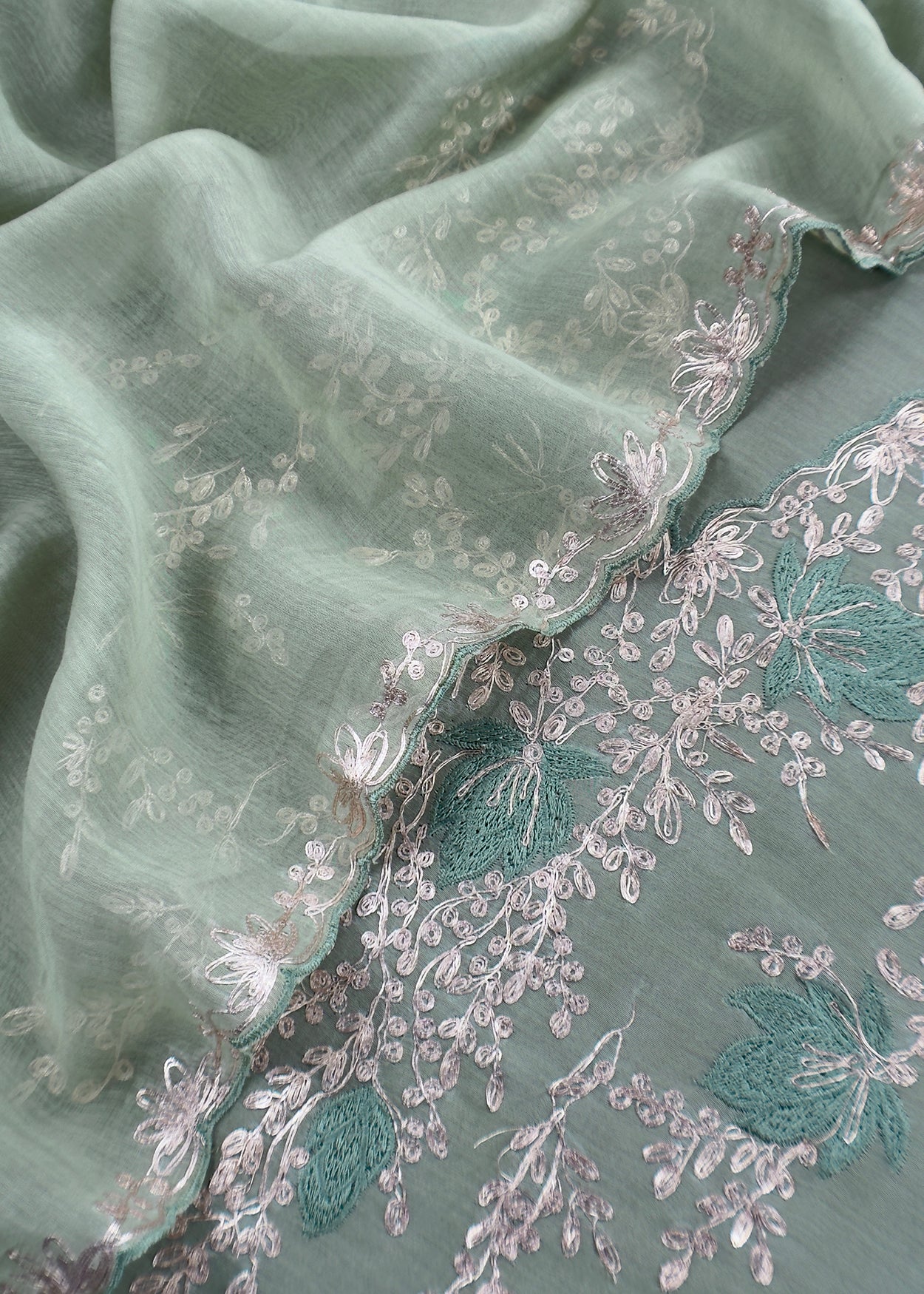 Sage Green Handloom Mulmul Suit With Pitta Work