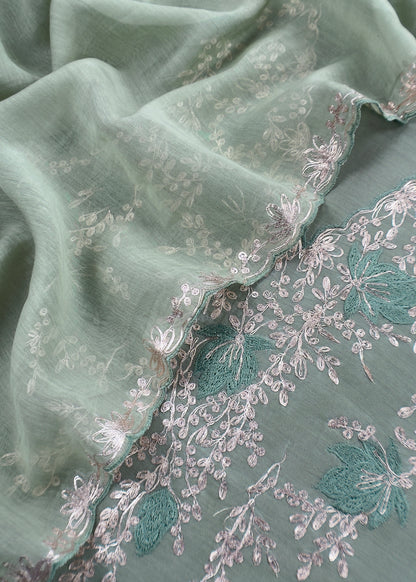 Sage Green Handloom Mulmul Suit With Pitta Work
