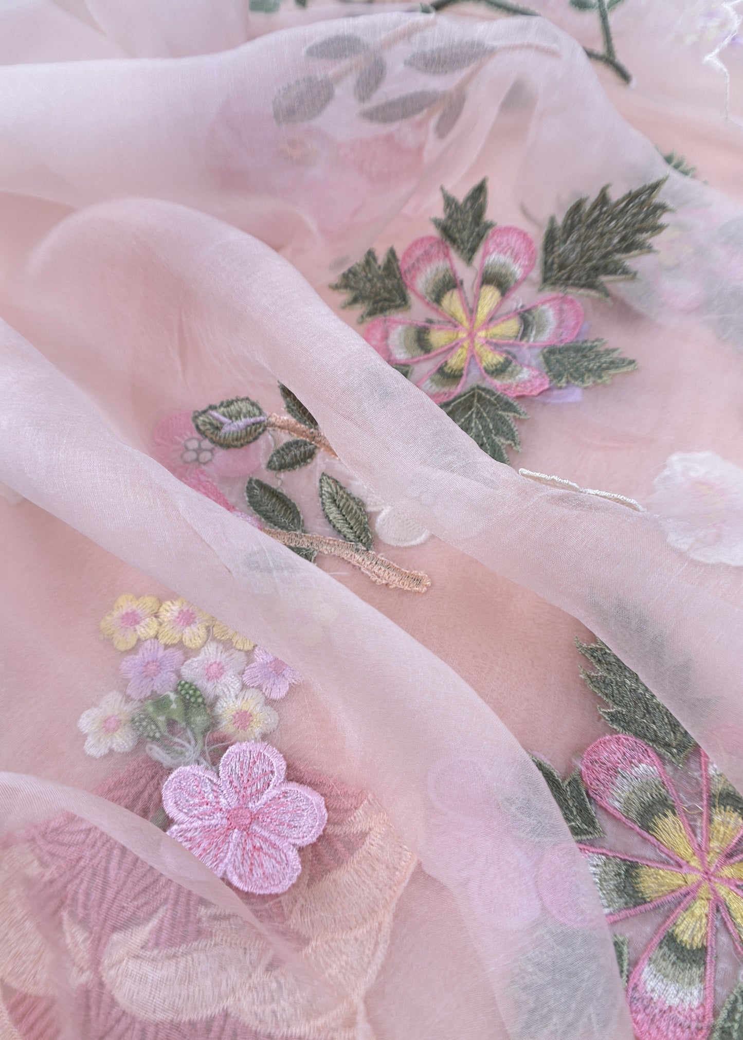 Baby Pink Pastel Gardens Handloom Organza Embroidered Suit Set with 3d Applique Work