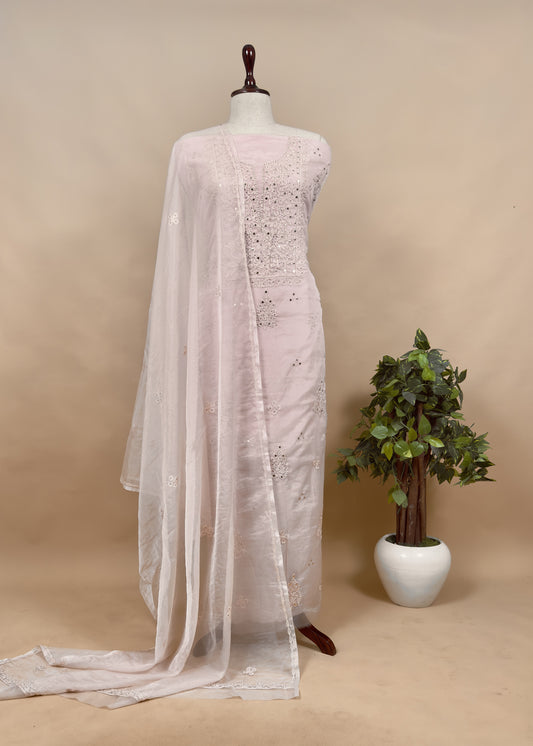 Beige Cream Organza Suit with Lakhnavi Embroidery and Pitta Work