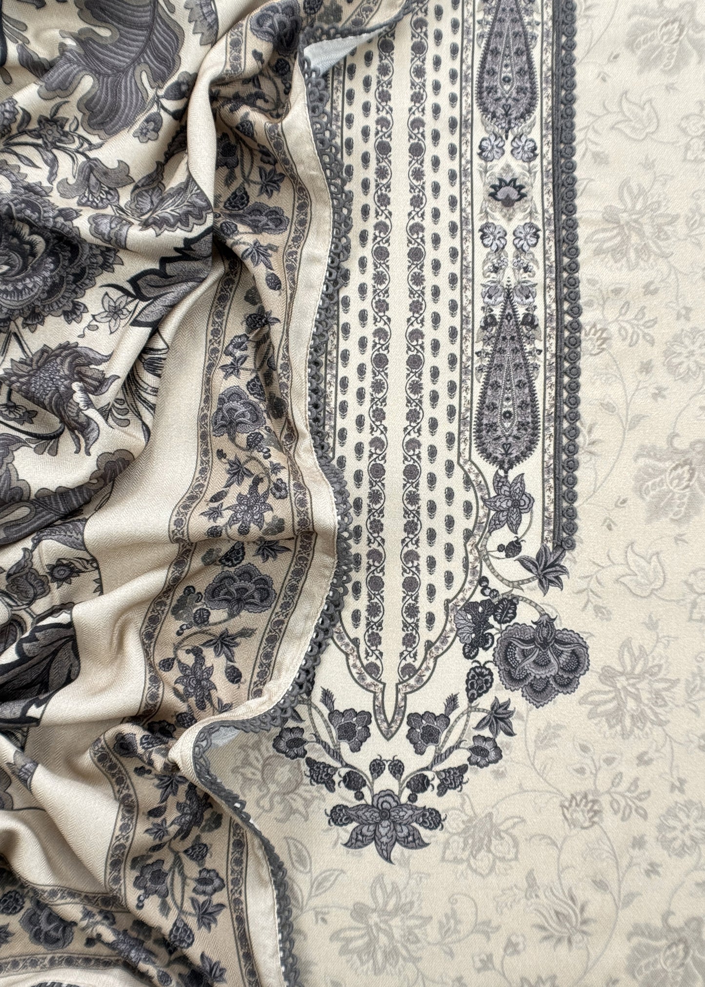 White And Grey Winters Spun Pashmina Digital Print Suit Fabric
