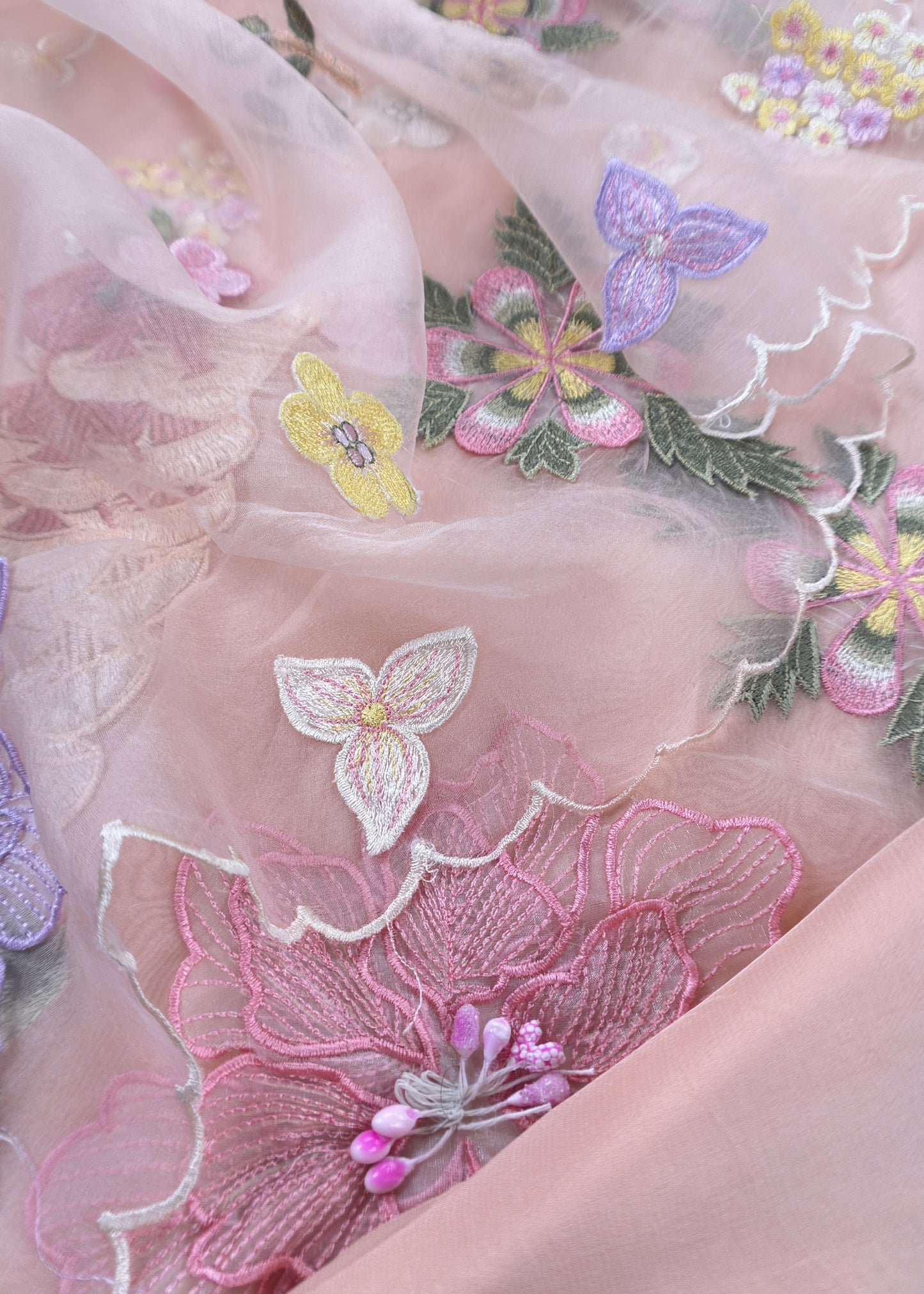 Baby Pink Pastel Gardens Handloom Organza Embroidered Suit Set with 3d Applique Work