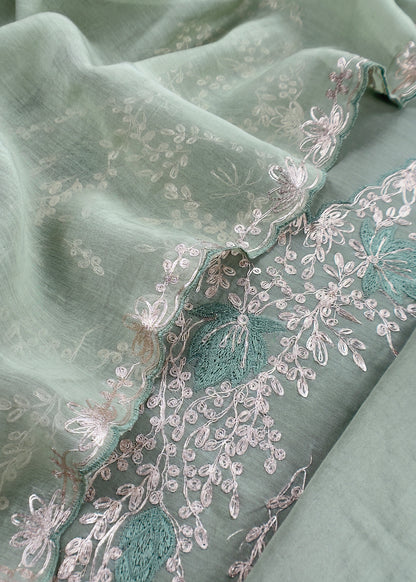 Sage Green Handloom Mulmul Suit With Pitta Work