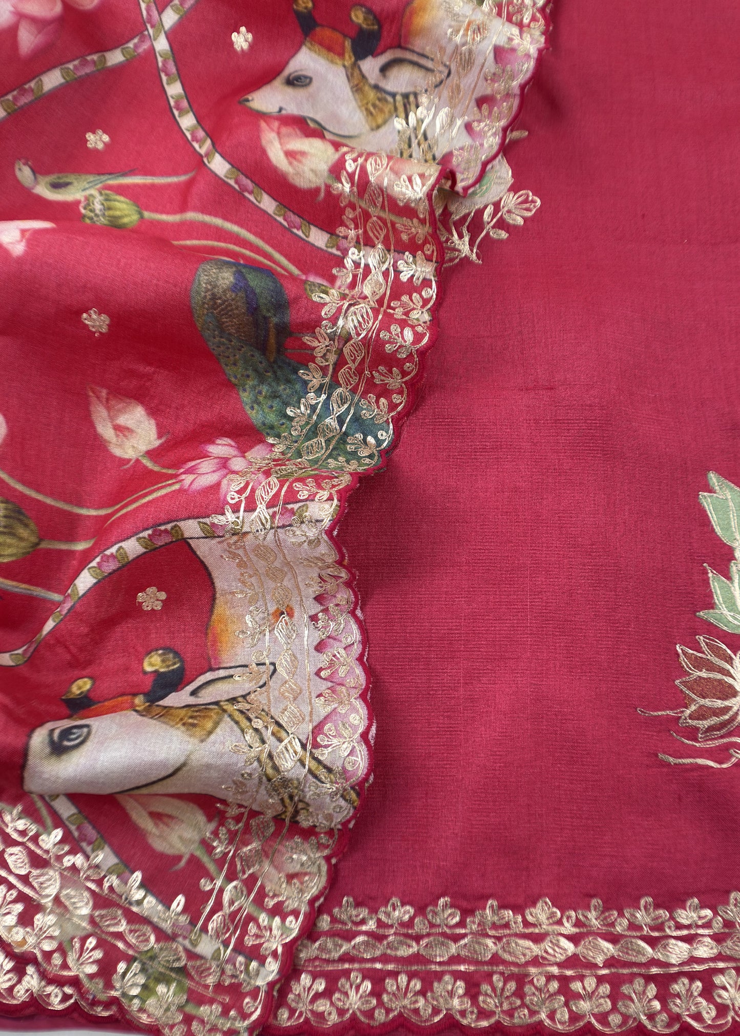 Punch Pink Munga Tussar Kurta And Pichwai Dupatta With Pitta Work