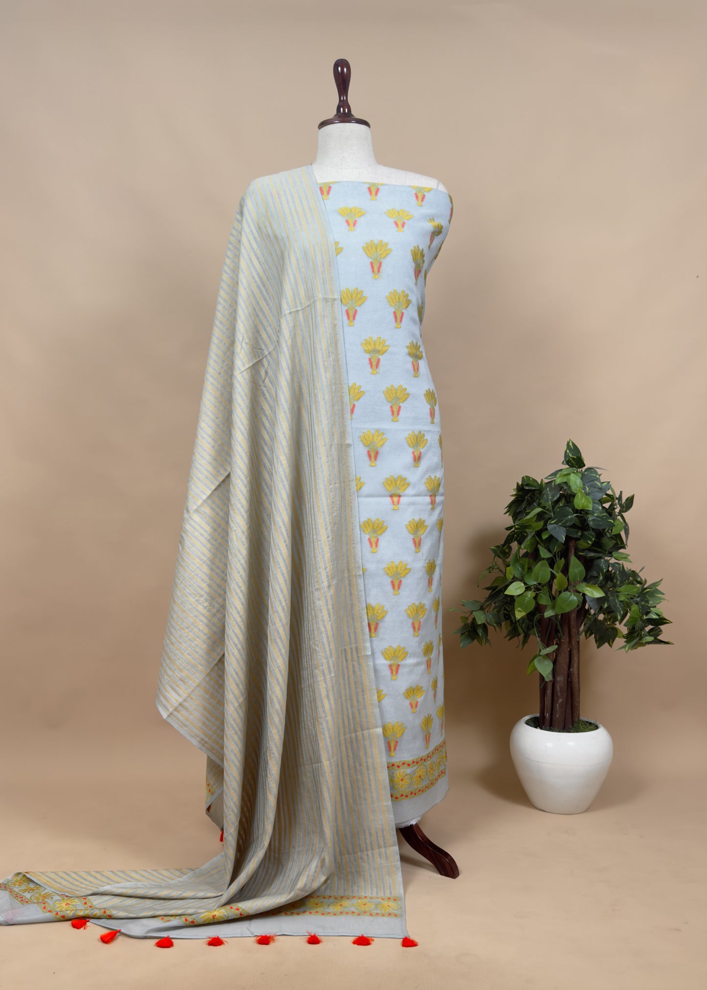 Beige Handloom Banarasi Suit With Paithani Weaving