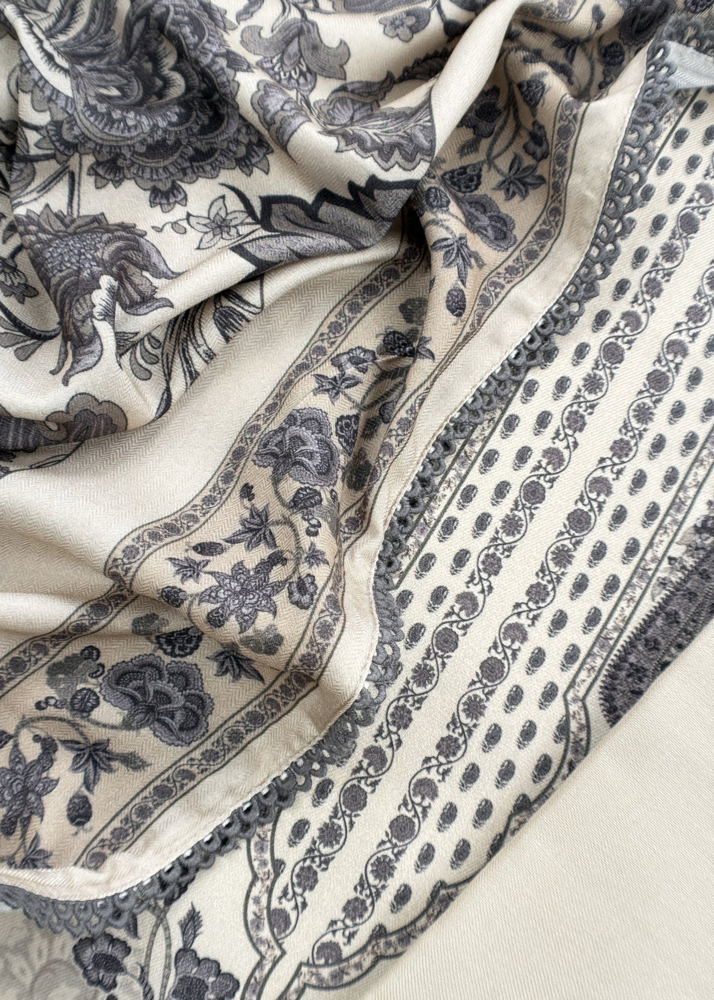 White And Grey Winters Spun Pashmina Digital Print Suit Fabric