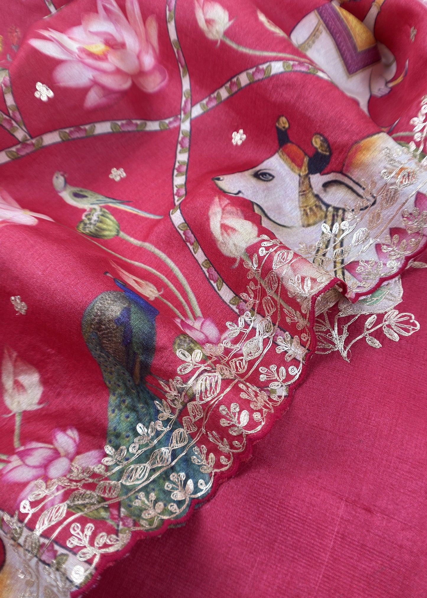 Punch Pink Munga Tussar Kurta And Pichwai Dupatta With Pitta Work