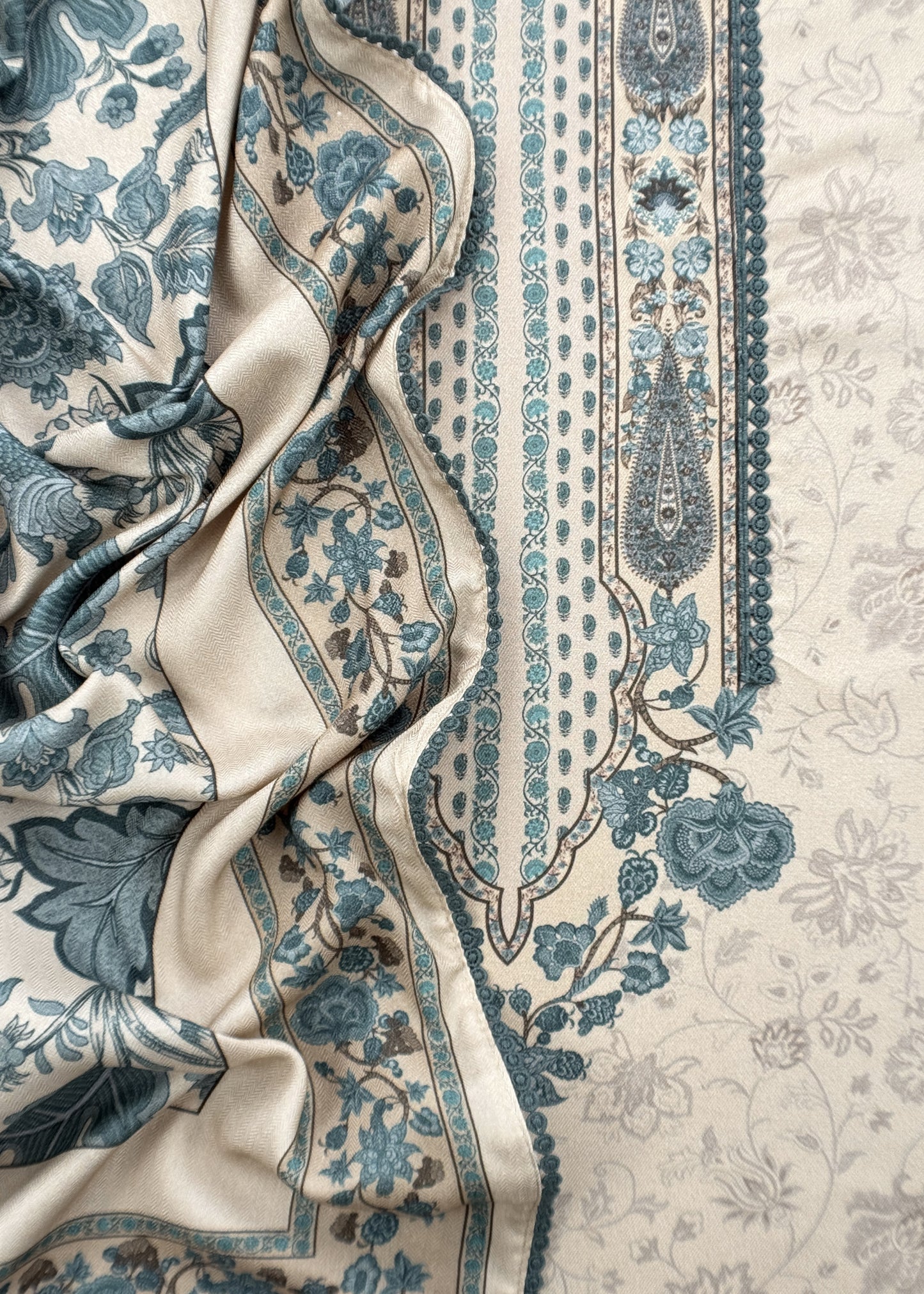 White And Blue Winters Spun Pashmina Digital Print Suit Fabric