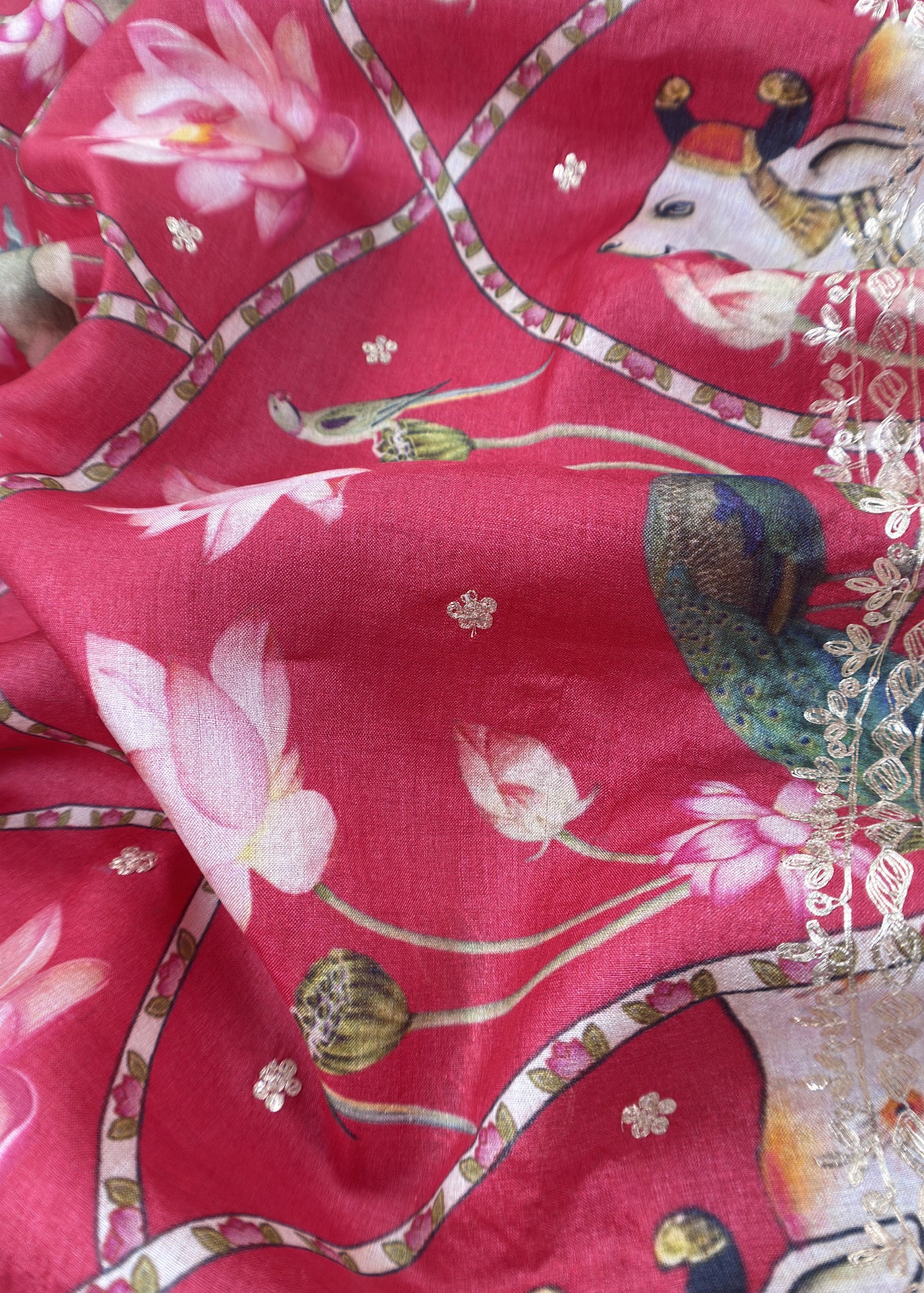 Punch Pink Munga Tussar Kurta And Pichwai Dupatta With Pitta Work