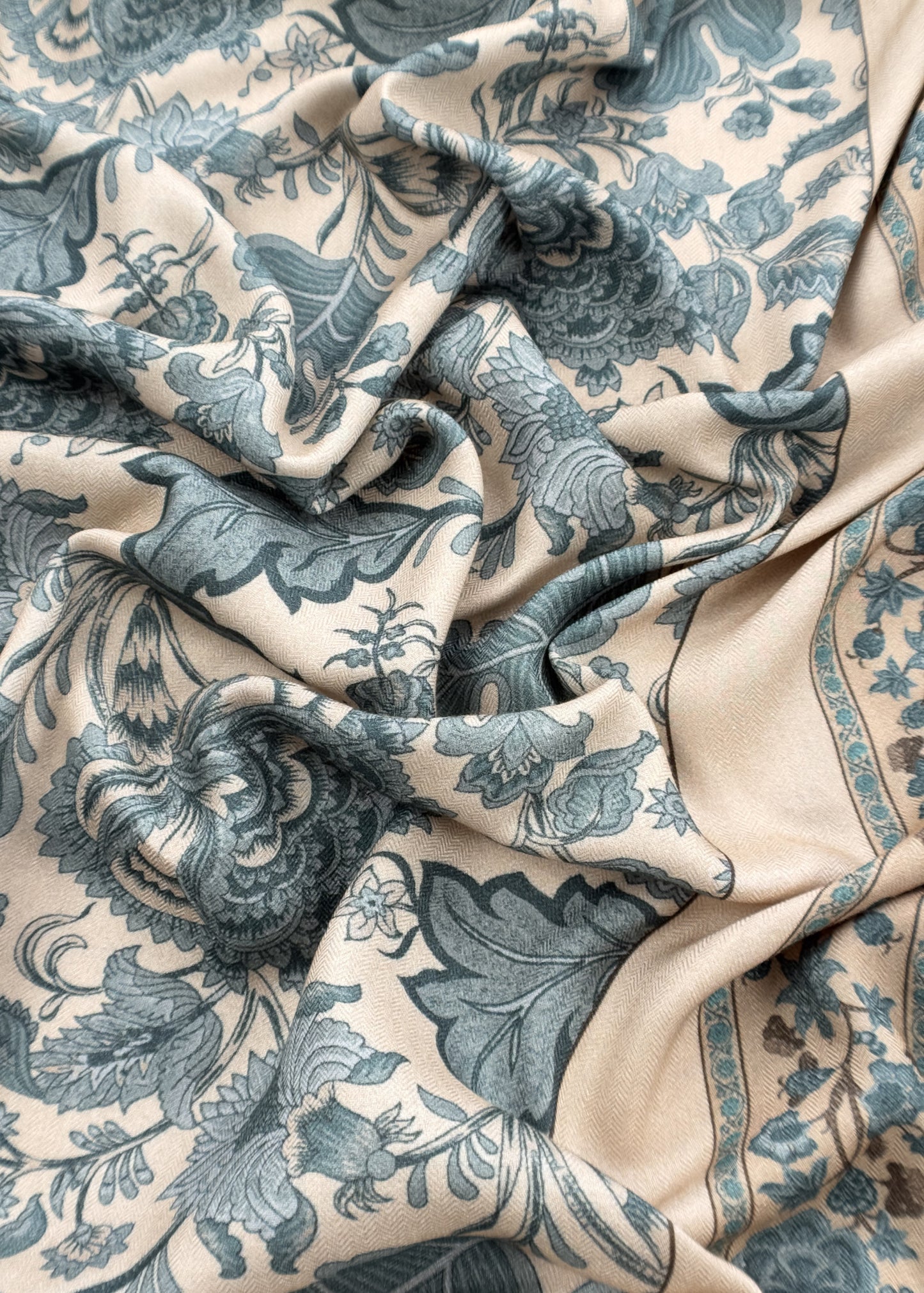 White And Blue Winters Spun Pashmina Digital Print Suit Fabric