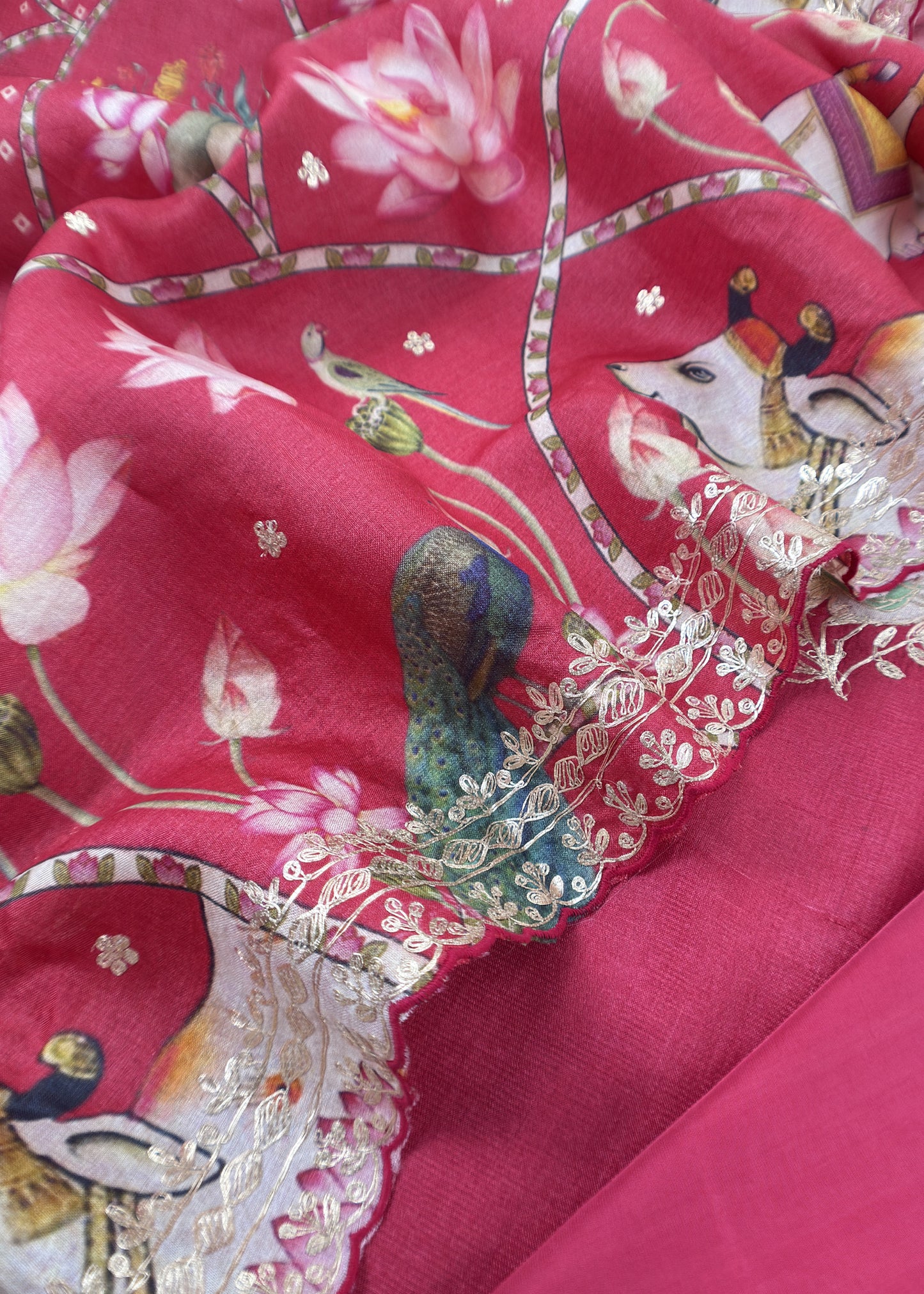 Punch Pink Munga Tussar Kurta And Pichwai Dupatta With Pitta Work